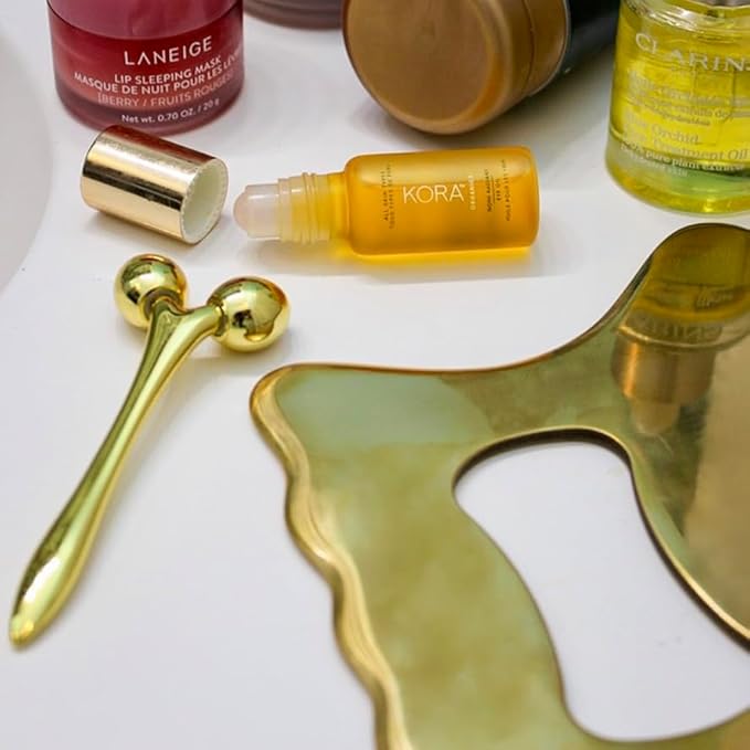 mwein Ivy 3D Face Massage Roller โ Mini Lightweight Small Travel-Sized Y-Shaped Stainless Steel โ Jade Roller, Ice Roller, Cellulite Roller โ Face Sculpting Tool (Gold)