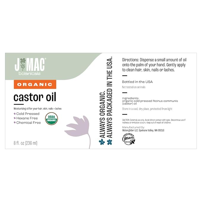 J Mac Botanicals Organic Castor Oil (8 oz) Cold Pressed, BPA Free, Castor hexane free, for face, skin, eyelashes, Certified USDA Organic