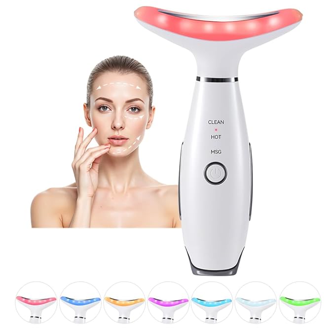 Neck Face Massager, 7 Color Facial Massager for Skin Care at Home, Face Sculpting Tool with Thermal and Vibrating, White