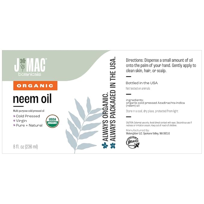 J MAC BOTANICALS Organic Neem Oil for Skin (8 oz Glass Bottle NO Dropper), 100% Organic, Undiluted, Cold Pressed Neem Oil