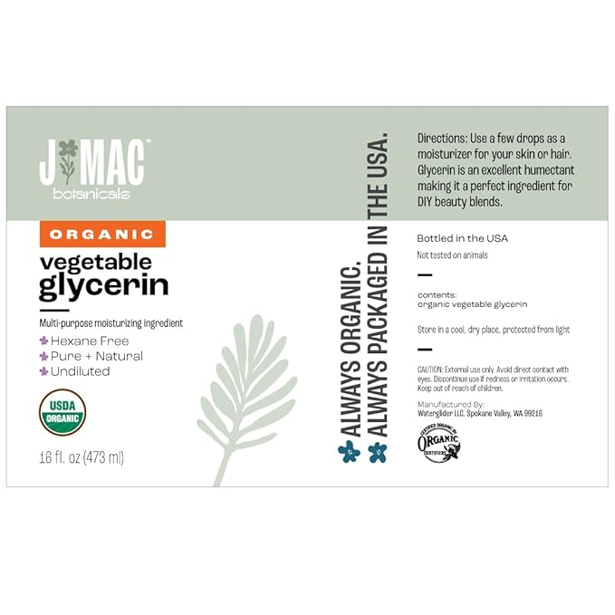 J MAC BOTANICALS, Organic Vegetable Glycerin (16 oz glass bottle)