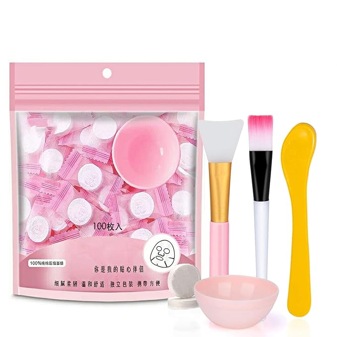 100 pcs Compressed Facial Mask Sheet Beauty DIY Disposable Mask Paper Natural Cotton Skin Care Wrapped Masks Normal Thick,Get a Small Mask Bowl, Mask Brushes