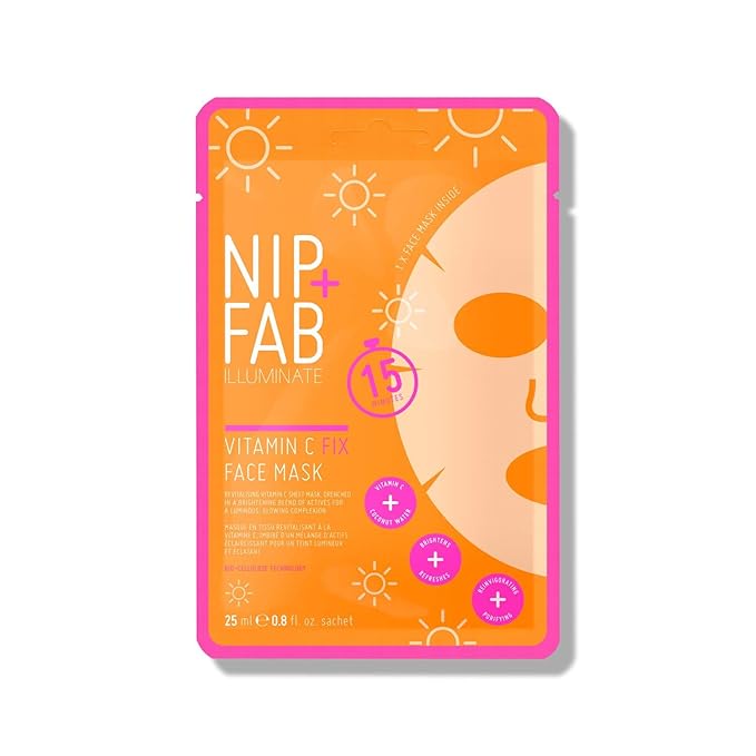 Nip + Fab Vitamin C Fix Sheet Mask for Face with Coconut Water, Citrus Fruit Extract, Hydrating Antioxidant Facial Mask for Skin Brightening and Toning, 0.8 Fl Oz