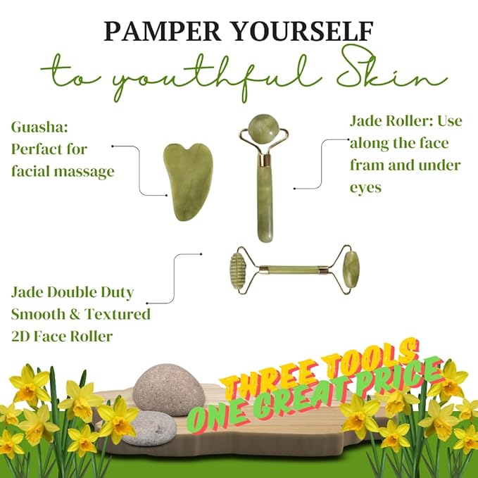 Jade Roller and Gua Sha set of 3 peices for facical and body massage