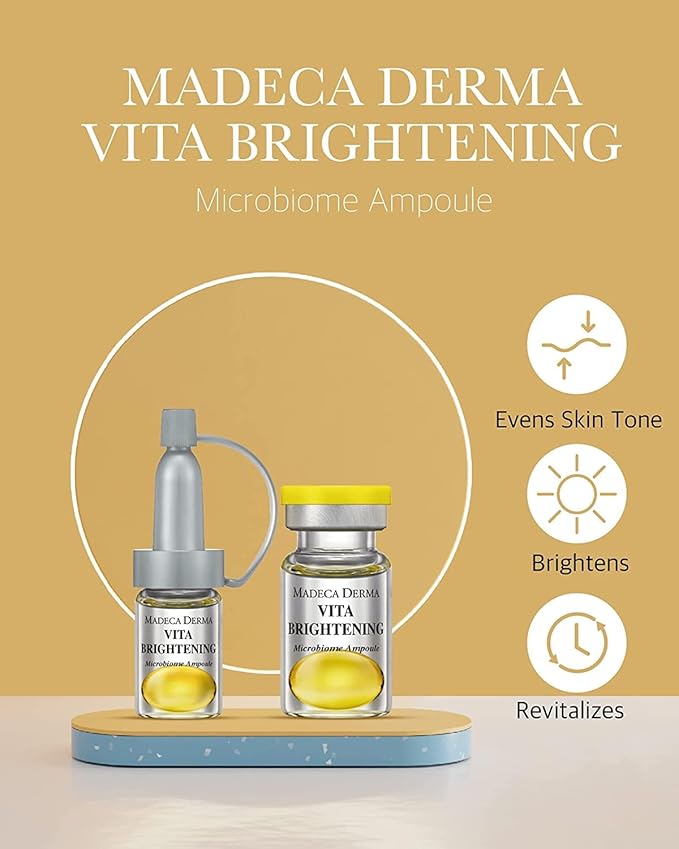 MADECA DERMA Vita Brightening Microbiome Ampoule – Brightening with Vitamins C & E, Hyaluronic Acid & Antioxidants, Korean Skincare for Radiant, Even Tone & Dark Spot Care (0.23 fl oz x 5 Bottles)