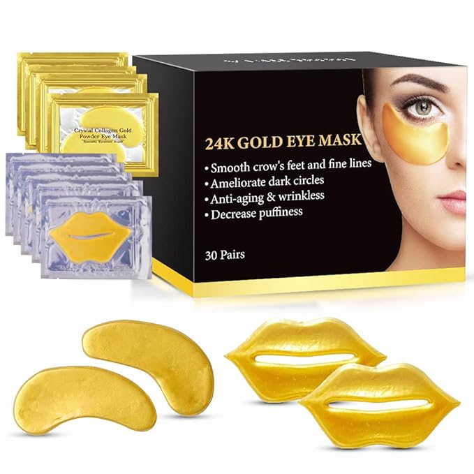 VERONNI Eye Lip Mask Set -20pcs Under Eye Patches,10pcs Gold Lip Mask -24K Gold Crystal Eye Lip Pads Treatment for Dry Lip,Dark Circles Eyes Moisturizing, Hydrating(Gold Eye Lip Mask Set)