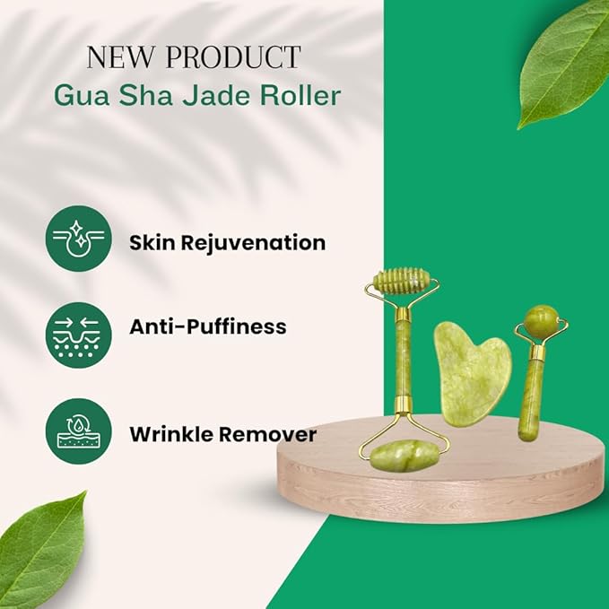 Jade Roller and Gua Sha set of 3 peices for facical and body massage