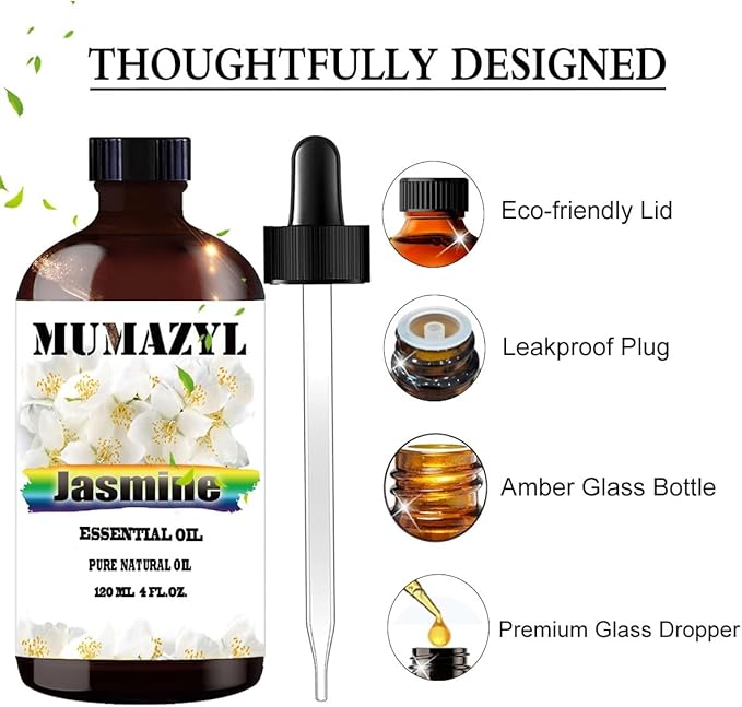 Jasmine Essential Oil, Jasmine Oil 4 Fl Oz 120ML for Diffuser Humidifier Yoga Cleaning DIY Candle Soap Making Essential Oils