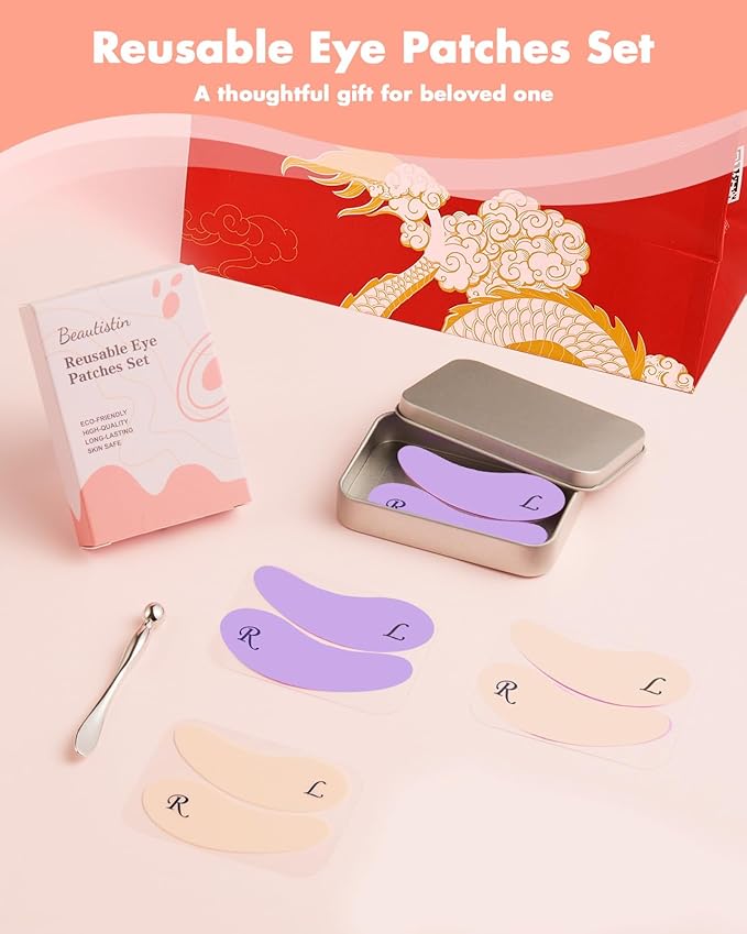 4 Pairs Reusable Under Eye Wrinkle Patches Silicone Mask, Plump Fine Lines & Wrinkles, with Metal Eye Cream Applicator, Tin Case, Cream&Purple