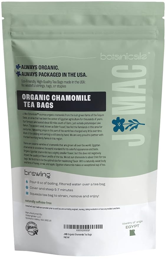 J MAC BOTANICALS Organic Chamomile Tea Bags (100 Count) - Certified by Organic Certifiers, Inc. - Quality Tea From Nile Valley, Egypt, Packaged in the USA