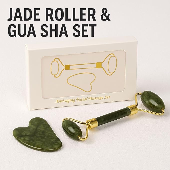 Jade Massage Roller & Gua Sha Tools Set – Natural Facial & face Massager for Relaxation, Blood Circulation,Green