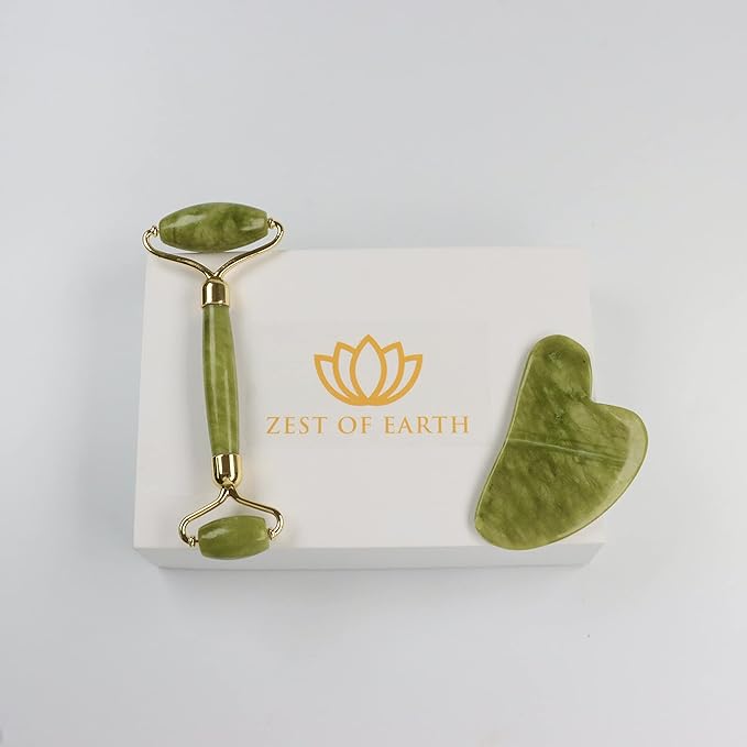 Jade Roller and Gua Sha Set, Green Jade, 7 x 4.7 x 1.4 Inch