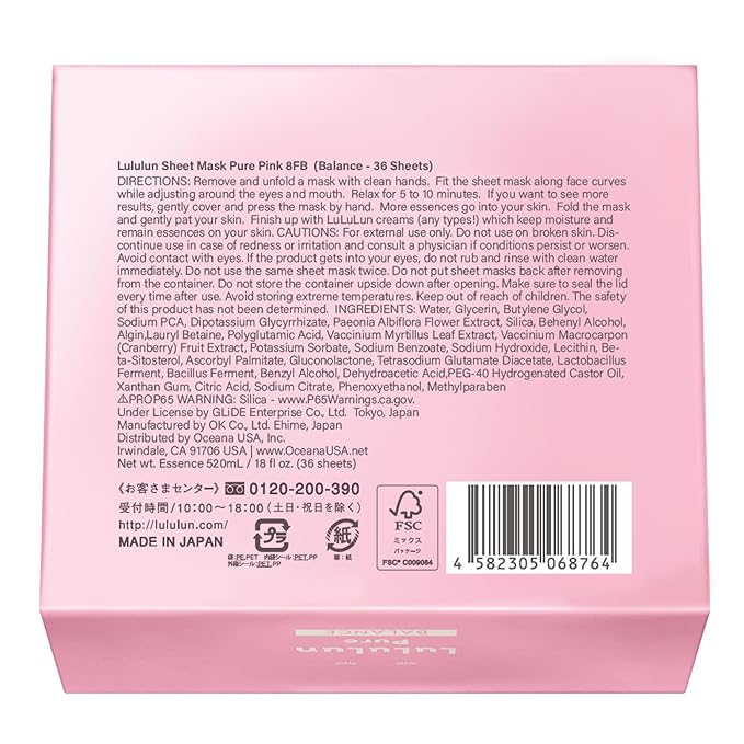 Lululun 36pc Facial Mask Sheet for Skincare, Hyaluronic Acid Hydrating & Moisturizing Face Sheet Mask Pack Set - PURE PINK (Normal Skin)