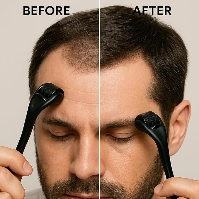 Derma Roller Microneedling Roller, 0.25mm Stainless Steel, Roller for Face, Beard, Scalp hair growth, Body, Microneedle Derm Stamp with Storage Case | For Women and Men | (Matte Black)