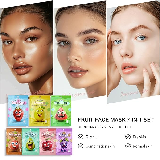 Fruit Face Mask, Facial Mask for Kids, Hydrating Face Masks Skincare Set, Sheet Masks Skin Care, Face Mask Set for Women Men Nourishing Skin, Birthday Party Spa Gift for Kids Teens Girls 7-Pack