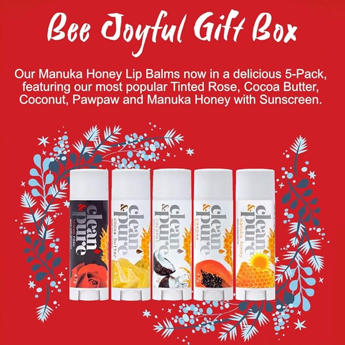 Clean & Pure Australian-Made Moisturizing Lip Balms 100% Natural (Bee Joyful, 5-Pack) and Vitamin E Oil | Flavored Lip Balm for Dry, Chapped Lips | Made in Australia