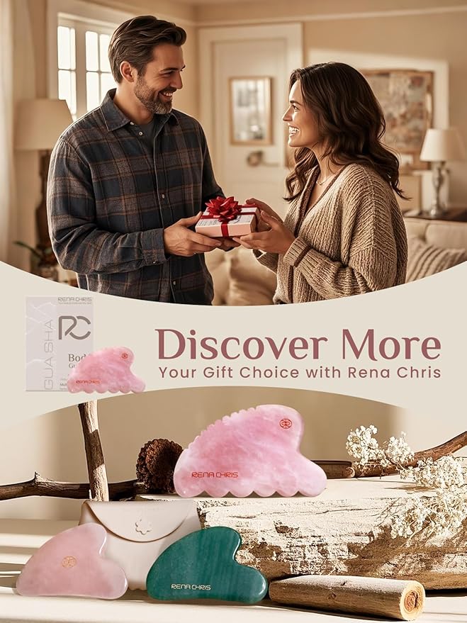 Rena Chris Body Gua Sha Tools, Natural Rose Quartz Jade GuaSha Tool, Manual Massage Sticks for Jawline Sculpting and Puffiness Reducing, Whole Body Skin Care Massager (Pink)