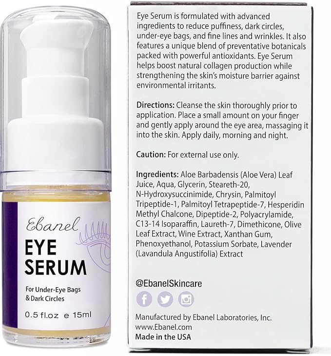 Ebanel Peptides Eye Serum, Dark Circles Treatment for Women and Men, Under Eye Bags Puffiness Remover, Lifting and Firming Serum with Wine and Lavender Extracts