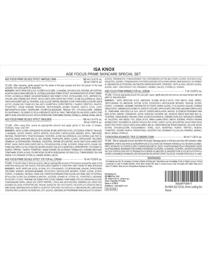 ISA KNOX AGE FOCUS PRIME DOUBLE EFFECT SKINCARE (417 ml / 14.10 Fl Oz) - Korean Skincare, Lightweight but Nourishing by LG BEAUTY. Toner, Emulsion Lotion, Serum, Cream, Cleansing Foam.