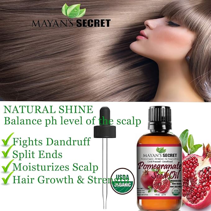 Mayan's Secret USDA Certified Organic Pomegranate Seed Oil for Skin Repair -Glass Bottle Cold Pressed and Pure Rejuvenating Oil for Skin, Hair and Nails