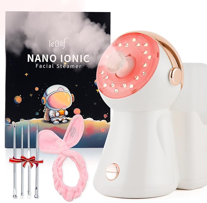 Facial Steamer,with 7 Colors Led Light,Face Steamer for Facial Deep Cleaning,Warm Mist Nano Ionic Steamer for Face Spa Kit,Face Humidifier,Facial Sauna Use at Home, Gift for Women(Rosegold with Light)