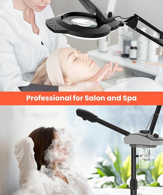 TASALON Professional Facial Steamer with 5X Magnifying Lamp, 2-in-1 Esthetician Steamer on Wheels with Ozone and Hot Mist, Ionic Facial Steamer for Facial Deep Cleaning and Moisturize