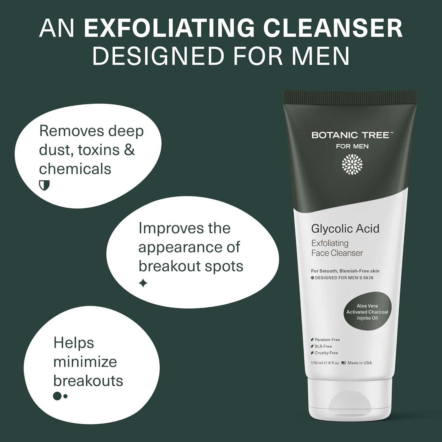 Botanic Tree Glycolic Acid Exfoliating Face Wash for Men - Facial Exfoliating Cleanser, Face Scrub - 10% Glycolic Acid with Activated Charcoal - 6 fl oz