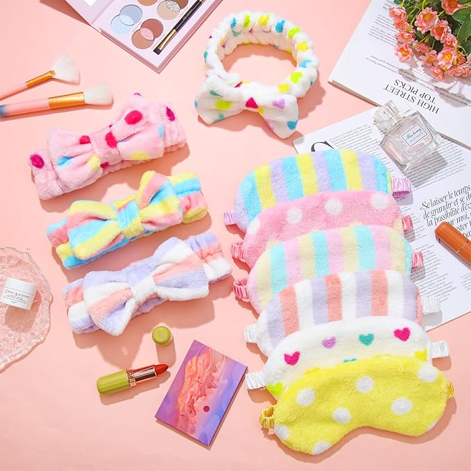 Kajaia 12 Pcs Sleepover Party Favors for Woman Plush Sleep Eye Mask Soft Spa Headband for Spa Birthday Bachelorette Slumber Party Supplies(Elegant)