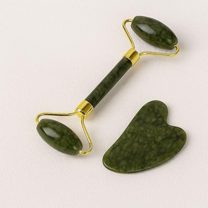 Jade Massage Roller & Gua Sha Tools Set – Natural Facial & face Massager for Relaxation, Blood Circulation,Green