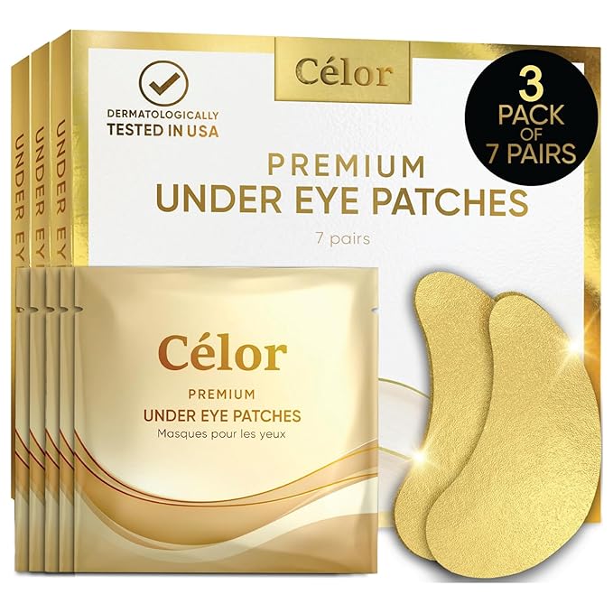 CÉLOR Under Eye Patches Premium - Golden Under Eye Mask Enriched with Hyaluronic Acid, Caffeine, Tea Tree & Collagen, Under Eye Patches for Puffy Eyes, Dark Circles and Puffiness (21 Pairs)
