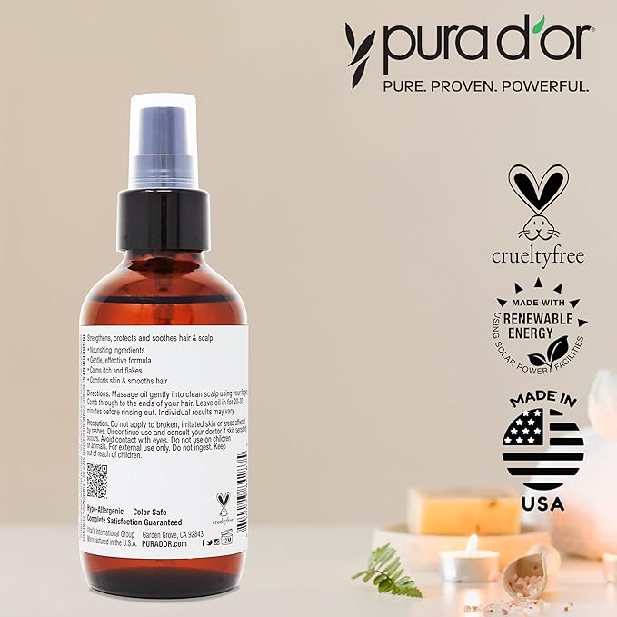 PURA D'OR Scalp & Hair Strengthening Oil (3.3oz x2 = 6.6oz) Supports Optimal Growth, Reduce Breakage, Nourish Roots for Healthier, Fuller, Thicker Hair - Rosemary, Castor & Peppermint Oil
