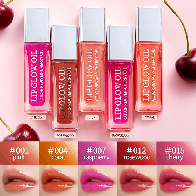 Plumping Lip Oil, Hydrating Gloss Tinted Lip Balm Transparent Lip Care, Big Brush Head Glitter Shine, Long Lasting Nourishing Non-sticky Fresh Texture(CHERRY)
