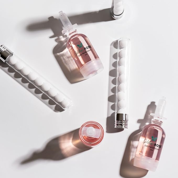 Golden ROSE Serum + CollaGEMS - Pure Rose Essential Oil with Colloidal Gold, Hyaluronic Acid & Vitamin C & Collagen Balls - Daily Face Routine for Anti-aging, Firming, Restore & Brighten Skin