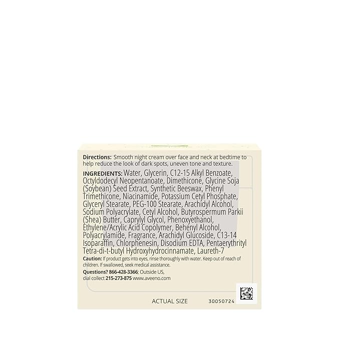 Aveeno Positively Radiant Moisturizing Face & Neck Night Cream with Tone Correcting Soy & Niacinamide, Night Cream Targets Dull Skin & Evens Skin Tone & Texture, Hypoallergenic, 1.7 oz