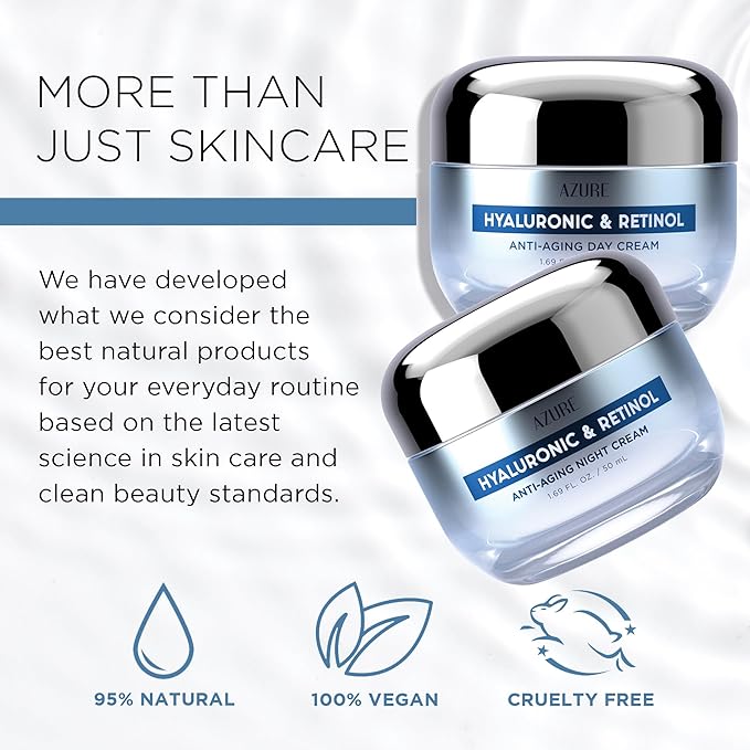 Azure Cosmetics Dermatologist Tested Hyaluronic & Retinol Day & Night Face Moisturizer - K Beauty Anti-Aging Cream for Dark Spot Corrector & Wrinkle Repair, Korean Skincare - All Skin Type 1.69 fl oz