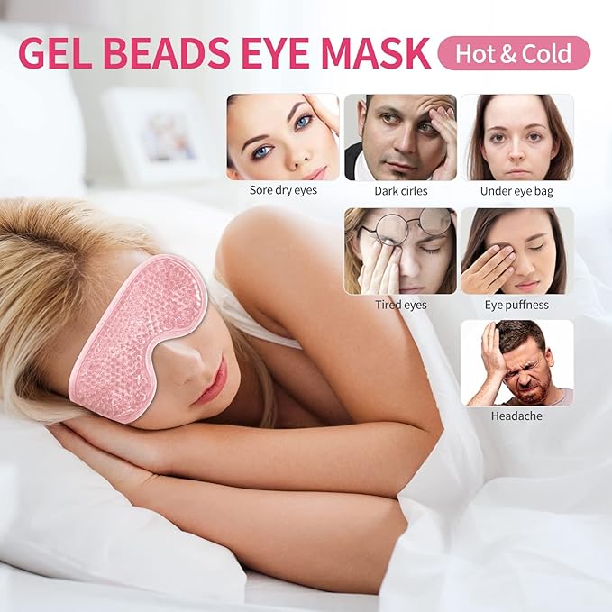 2PCS Reusable Hot Cold Therapy Gel Eye Mask for Puffiness, Dark Circles, Eye Bags, Dry Eyes, Headaches, Migraines, Stress Relief - Cooling Gel Bead Compress (Pink)