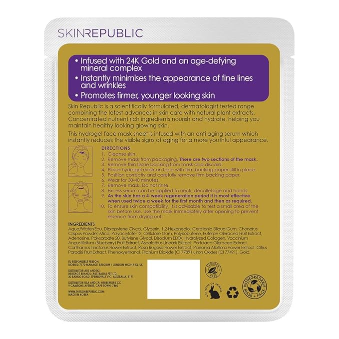 Skin Republic Gold Hydrogel Face Mask. Clinically Proven To Reduce Wrinkles by 13% After One Use. Made In Korea.