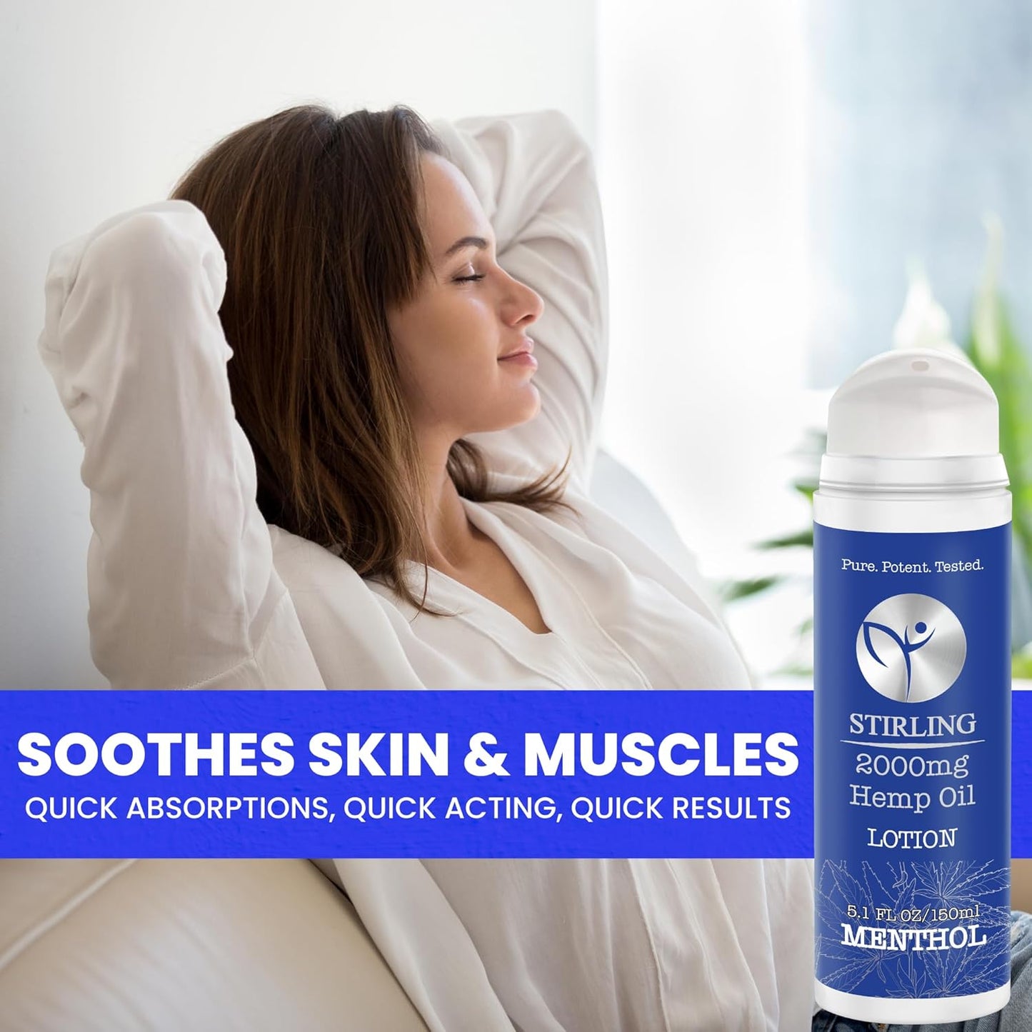 STIRLING Menthol Lotion + Hemp Oil β Maximum strength relief with cooling menthol and 100% pure hemp oil to soothe joints, relax muscles, and hydrate with aloe vera. 5 fl oz. (2000mg, Menthol)