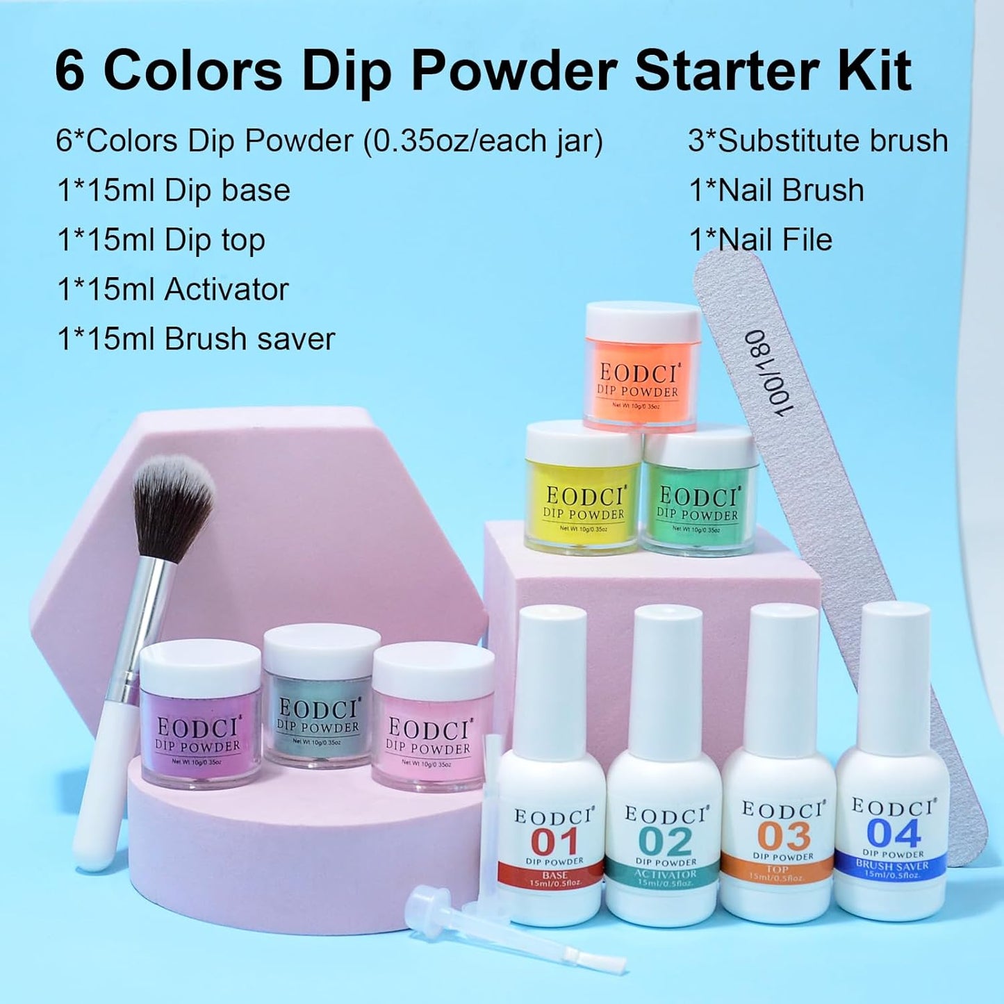 12 Pcs Dip Powder Nail Kit Starter, 6 Colors Pink Yellow Green Dipping Powder Kit With Base & Top Coat/Activator/Brush Saver, Nail Art Manicure Salon DIY for Daily at Home Party Gifts for Women