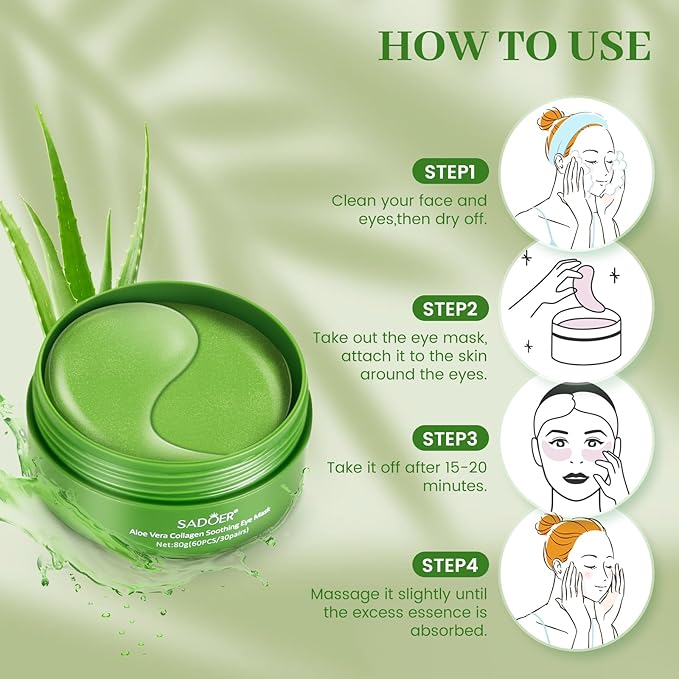 Under Eye Mask, 60 PCS Aloe Vera Under Eye Patches for Dark Circles, Eye Puffiness & Dark Circles Treatment,Under Eye Gel Pads, Eye Bags Treatment, Eye Mask Patches Skincare
