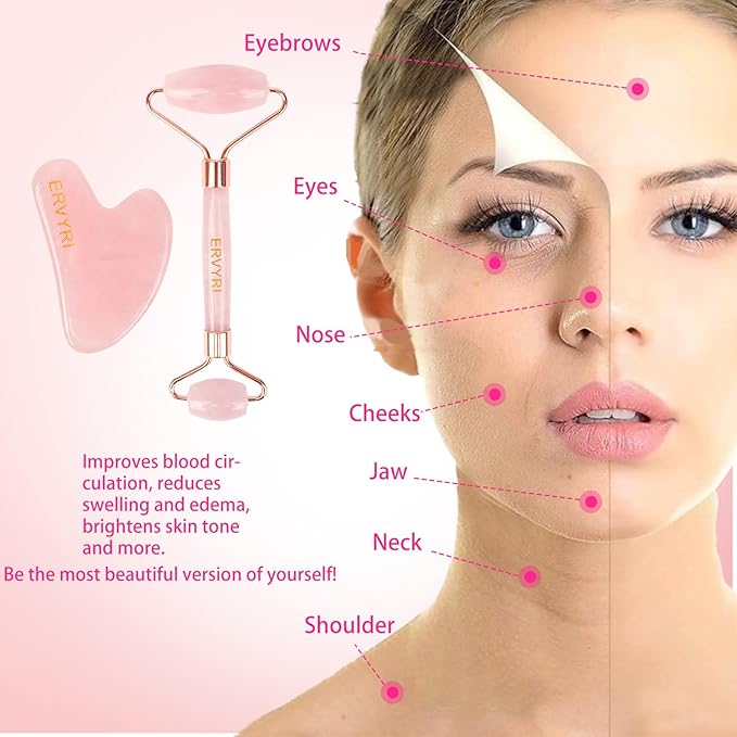 Jade Roller and Gua Sha Set - Rose Quartz Face Roller Skin Care Gua Sha Facial Tools , Face Massager for Women, Relieve Stress, Remove Wrinkles Eye Puffiness-Pink