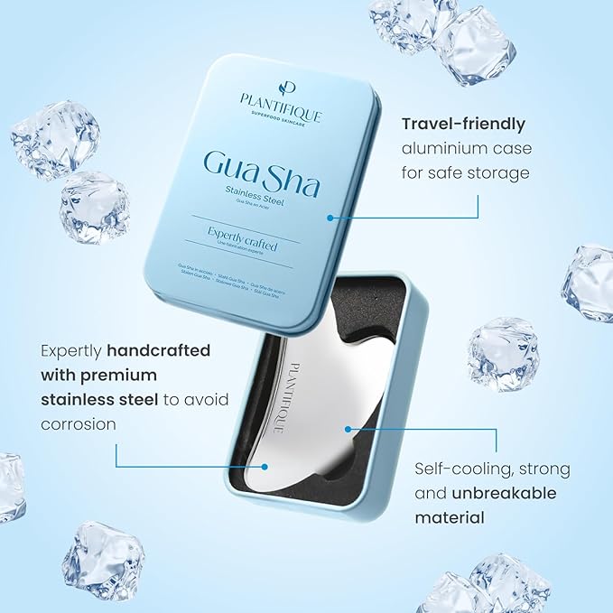 PLANTIFIQUE Gold Under Eye Patches for Puffy Eyes and Dark Circles 5 Pairs and Stainless Steel Gua Sha Facial Tool, Skin Massage Tool for Face, Body, Eyes, Neck, Heart Style with Travel Pouch