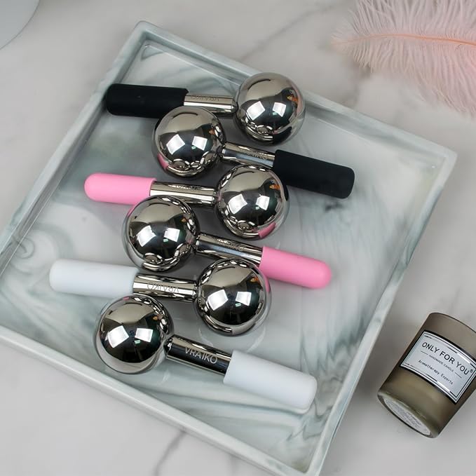 ICE Globes for Facials & Gua Sha Set, Gua Sha Facial Tools and Cryo Sticks with Unbreakable Steel, Face Massager Cooling Rollers for Dark Circles, Puffiness and Lymphatic Drainage (Pink)