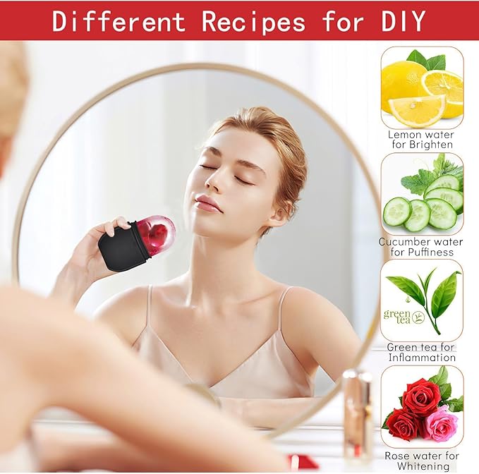 KOGITI Face Ice Roller & Mold - Beauty Facial Massage Tool for Puffiness Relief, Ice Cube Holder (New-Black)