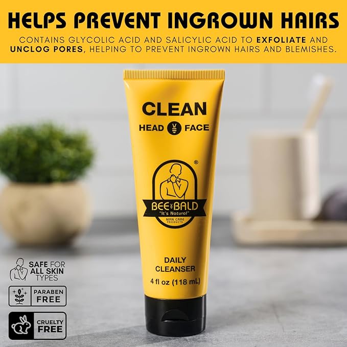 Bee Bald CLEAN - Daily Cleanser for Face and Head - Premium Facial Cleanser for Men and Women, Refreshes and Thoroughly Cleans - 4 fl Oz (Pack of 2)