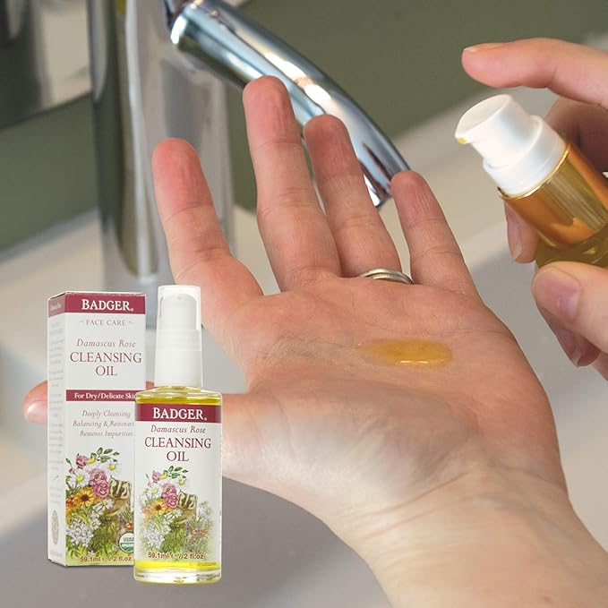 Badger Rose Face Cleansing Oil, Organic Facial Cleanser & Makeup Remover, Non-Greasy Moisturizing Skin Balancing Gentle Face Cleanser w/Pure Rose Oil, 2 fl oz Glass Bottle