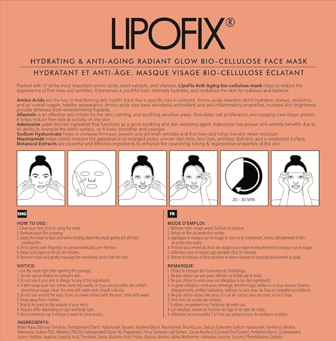 Anti Aging Lifting Hydrating Facial Bio Cellulose Face Mask Sheet For Fine Line Reducing And Skin Radiance. Made in Korea (6 MASKS)