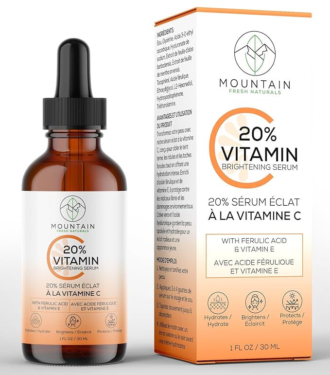Vitamin C Serum β 20% 3-0-Ethyl Ascorbic Acid, Ferulic Acid & Vitamin E β Brightening, Hydrating, Anti-Aging Serum for Dark Spots, Uneven Skin Tone & Wrinkles β 30mL / 1 fl oz
