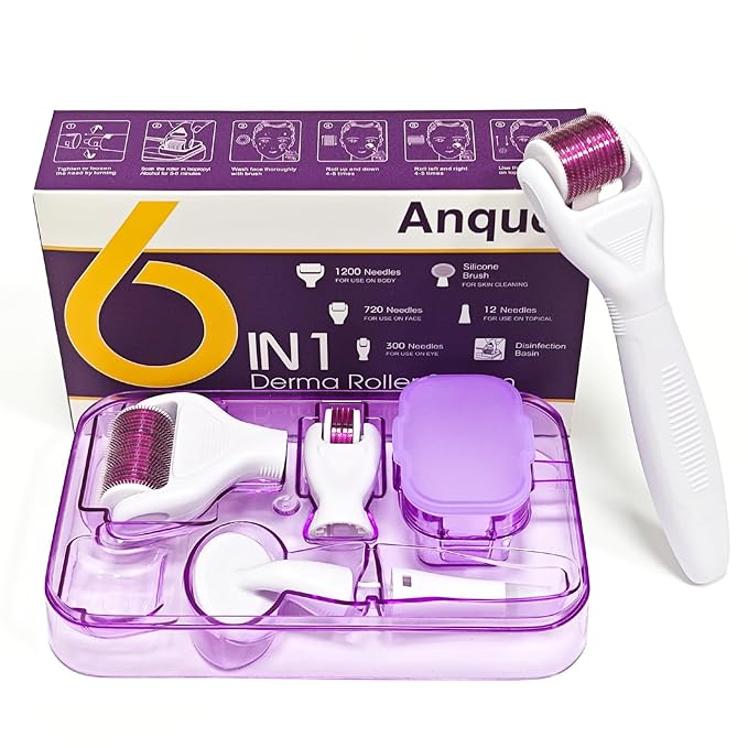 Derma Roller for Hair and Beard, 6 in 1 Microneedle Rollers Kit with 5 Replaceable Heads, Microneedling Roller for Scalp and Body, 300 Needle and 720 Micro Needle roller, 1200 Needle