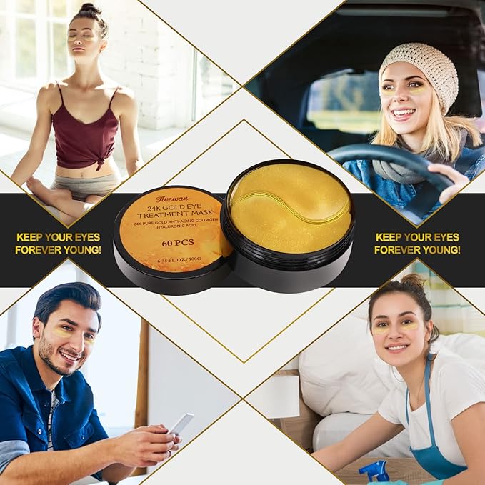 Fivewan 24k Gold Under Eye Patches - 60 Pcs Eye Mask Pure Gold Anti-Aging Collagen Hyaluronic Acid Under Eye Mask for Removing Dark Circles, Puffiness & Wrinkles Refresh Your Skin